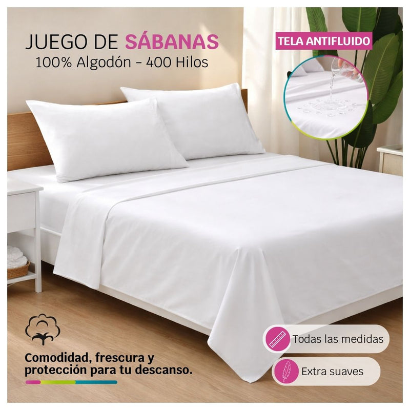 Sábanas 100% algodón 400 Hilos  - Antifluido
