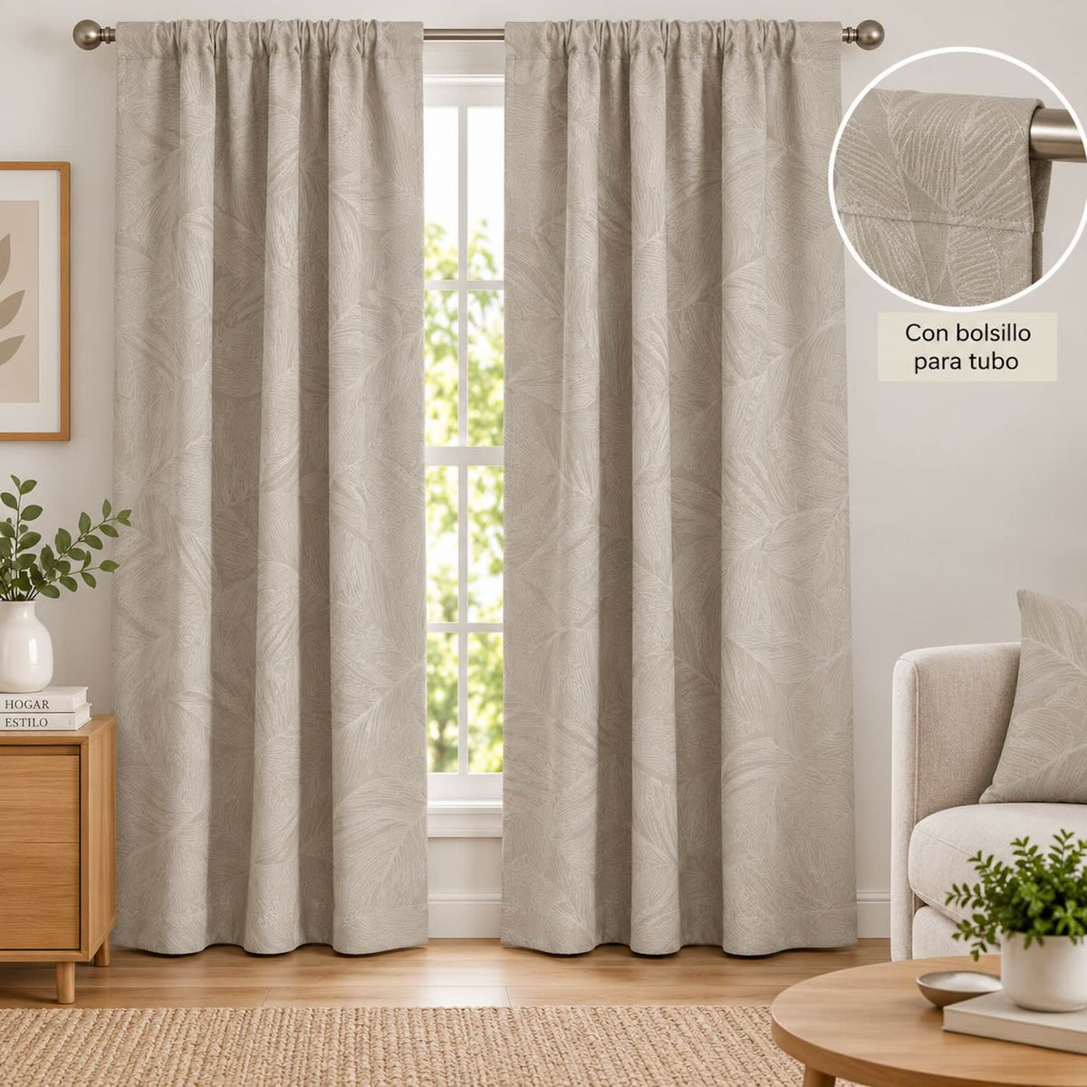 Cortinas Jacquard Diseño Hojas- 270x220cm
