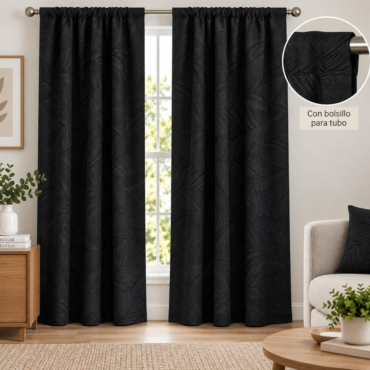 Cortinas Jacquard Diseño Hojas- 270x220cm