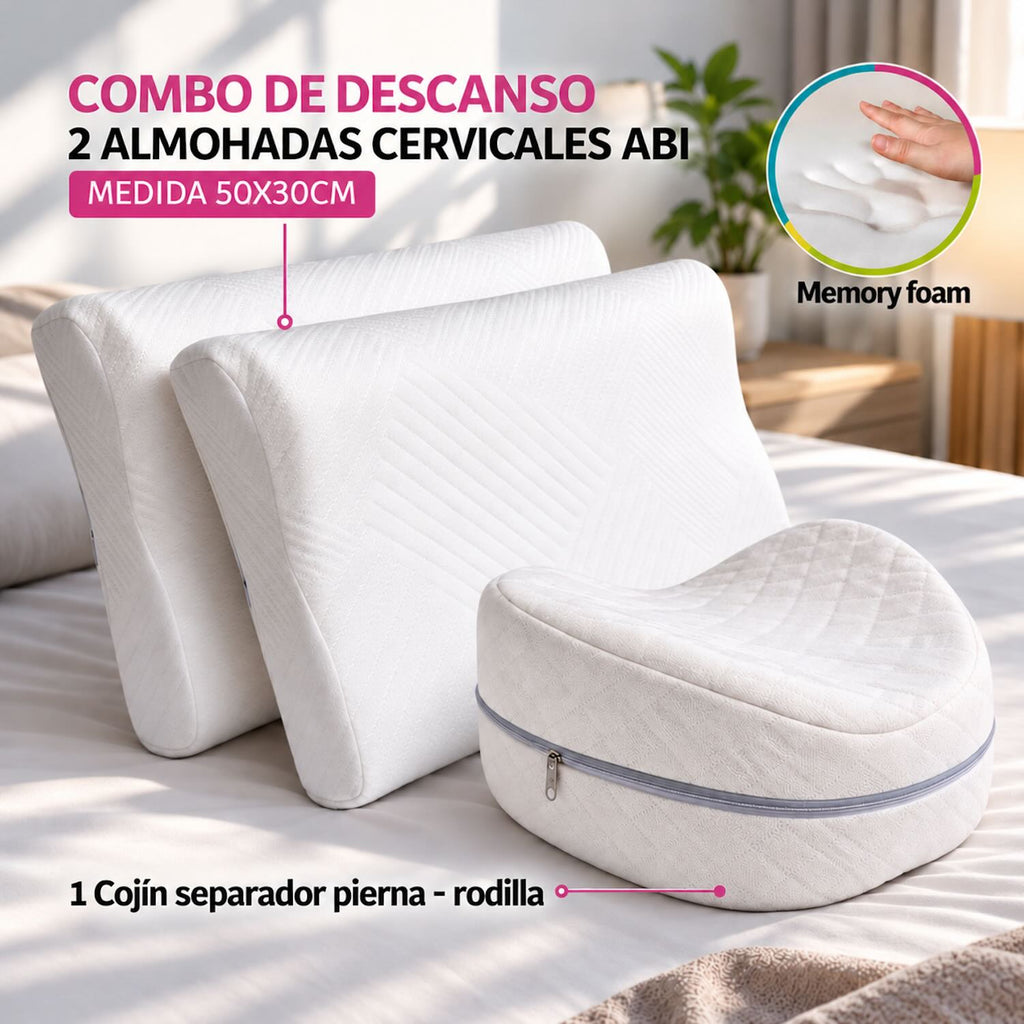 Combo Descanso Memory Foam – 2 Almohadas Cervicales ABI + Cojín Separador de Rodillas