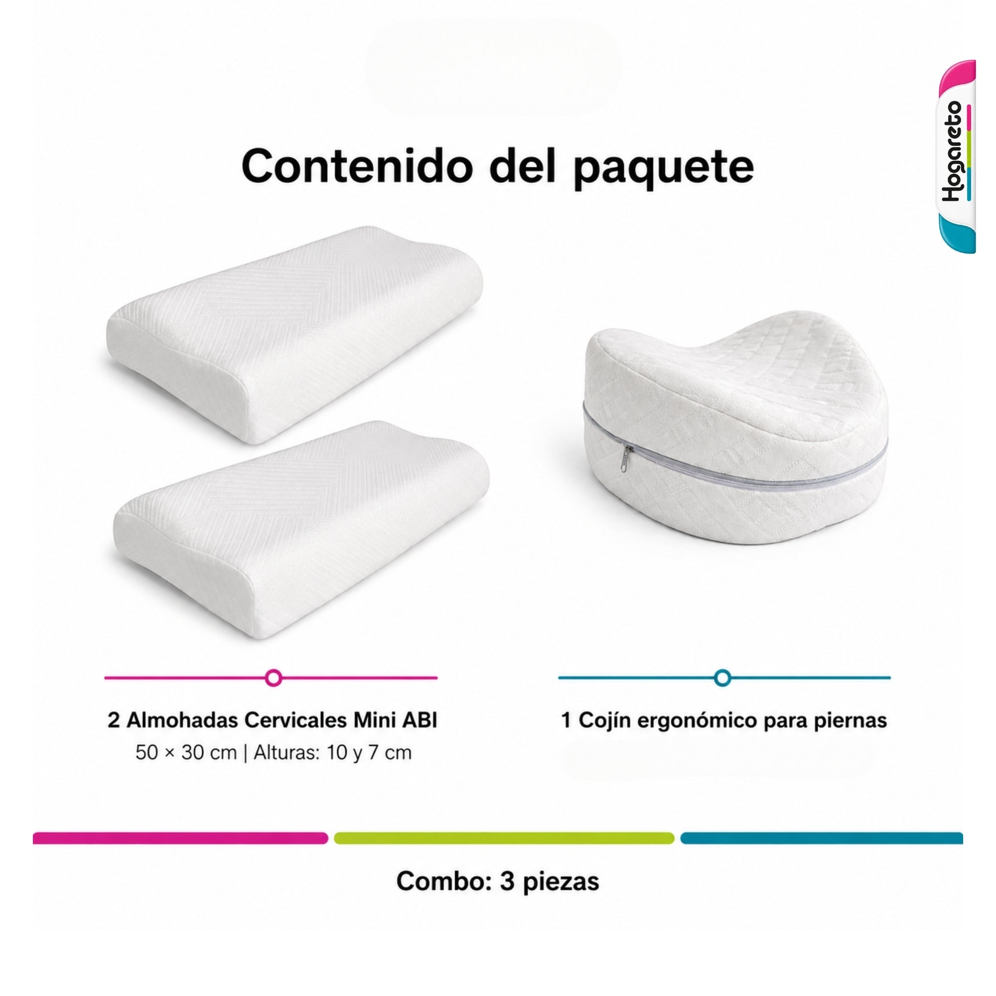 Combo 2 Almohadas Cervicales Mini + Cojín Pierna Memory Foam