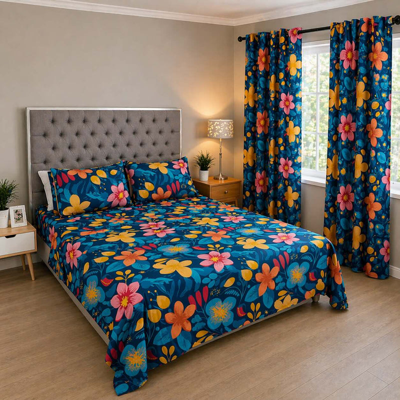 Juego de Sábanas + Cortinas Flores