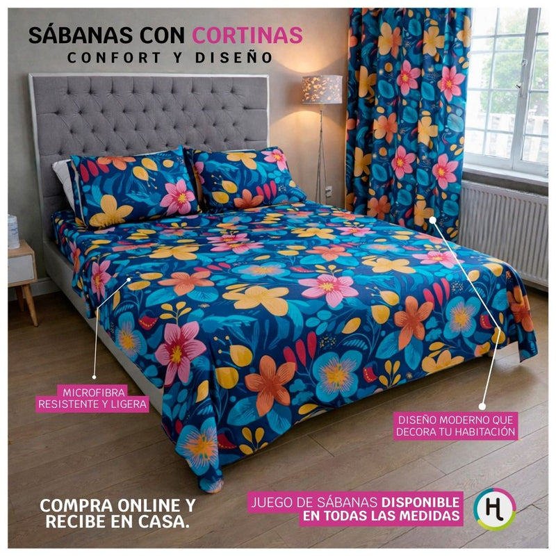 Juego de Sábanas + Cortinas Flores