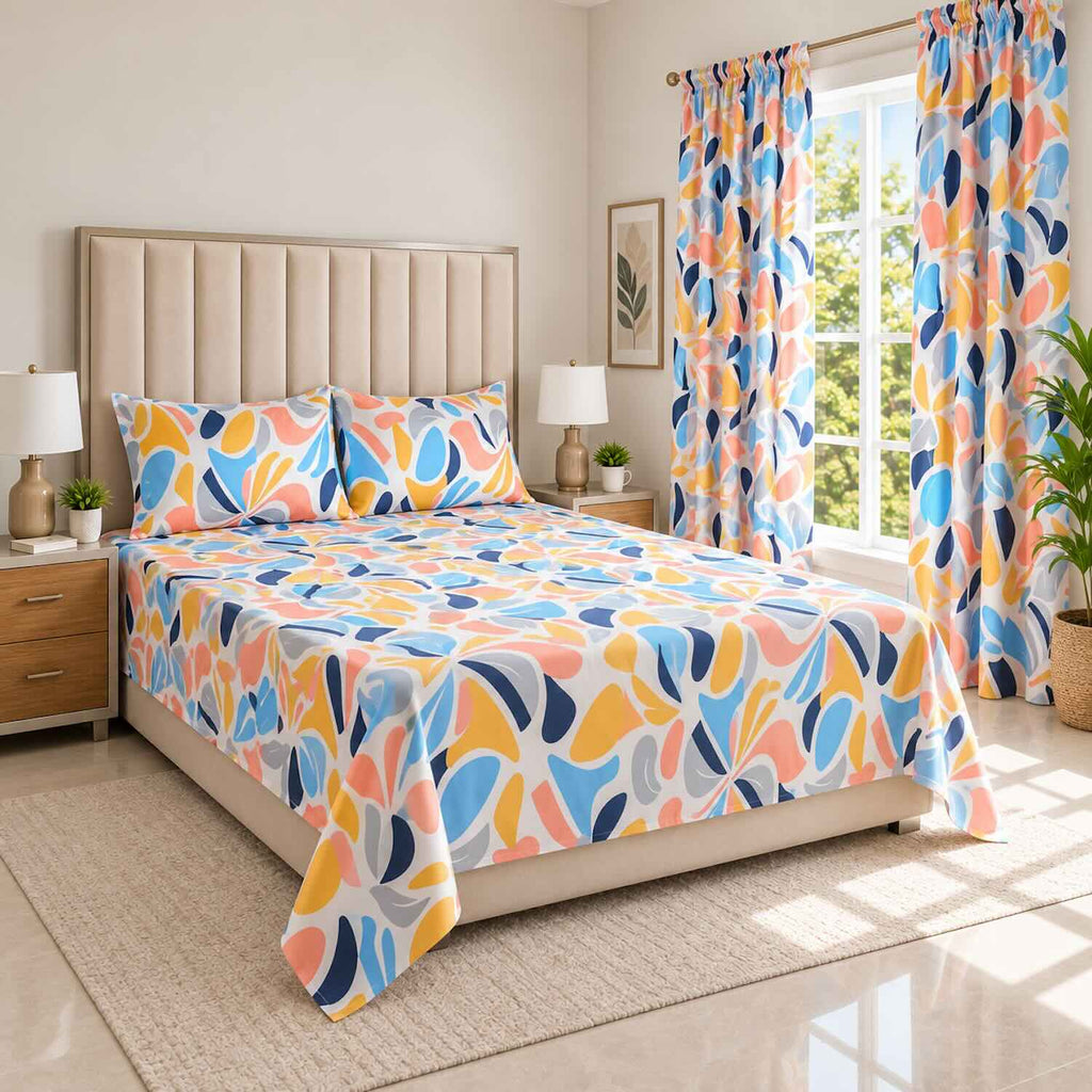 Combo Cortinas + Juego de Sábanas Cama Doble 140x190cm