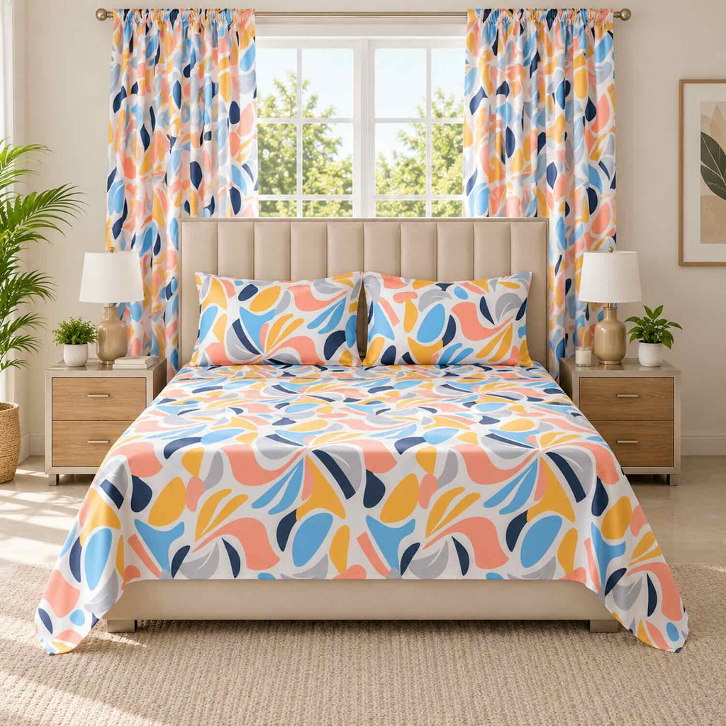 Combo Cortinas + Juego de Sábanas Cama Doble 140x190cm