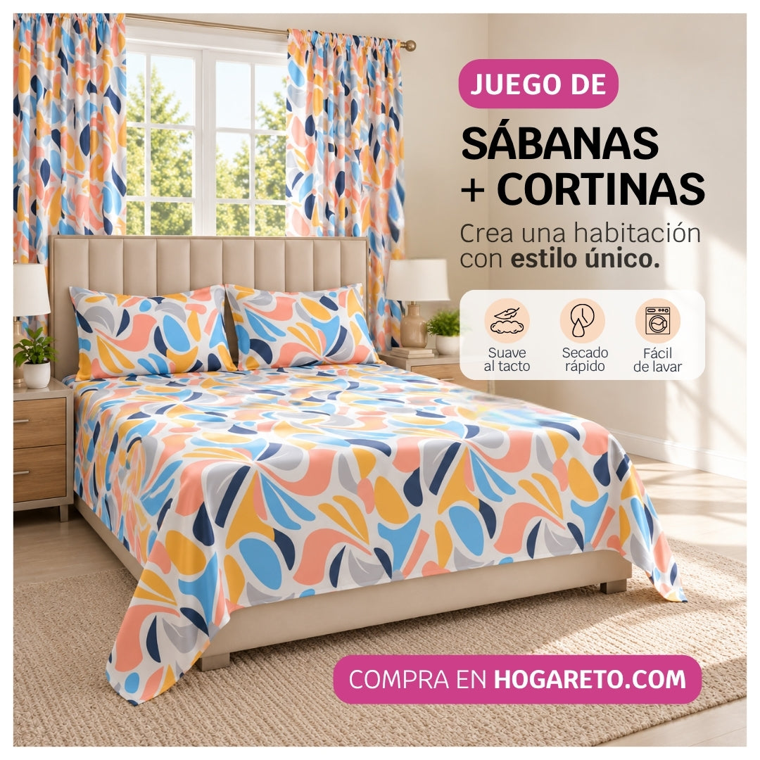 Combo Cortinas + Juego de Sábanas Cama Doble 140x190cm Acuarela