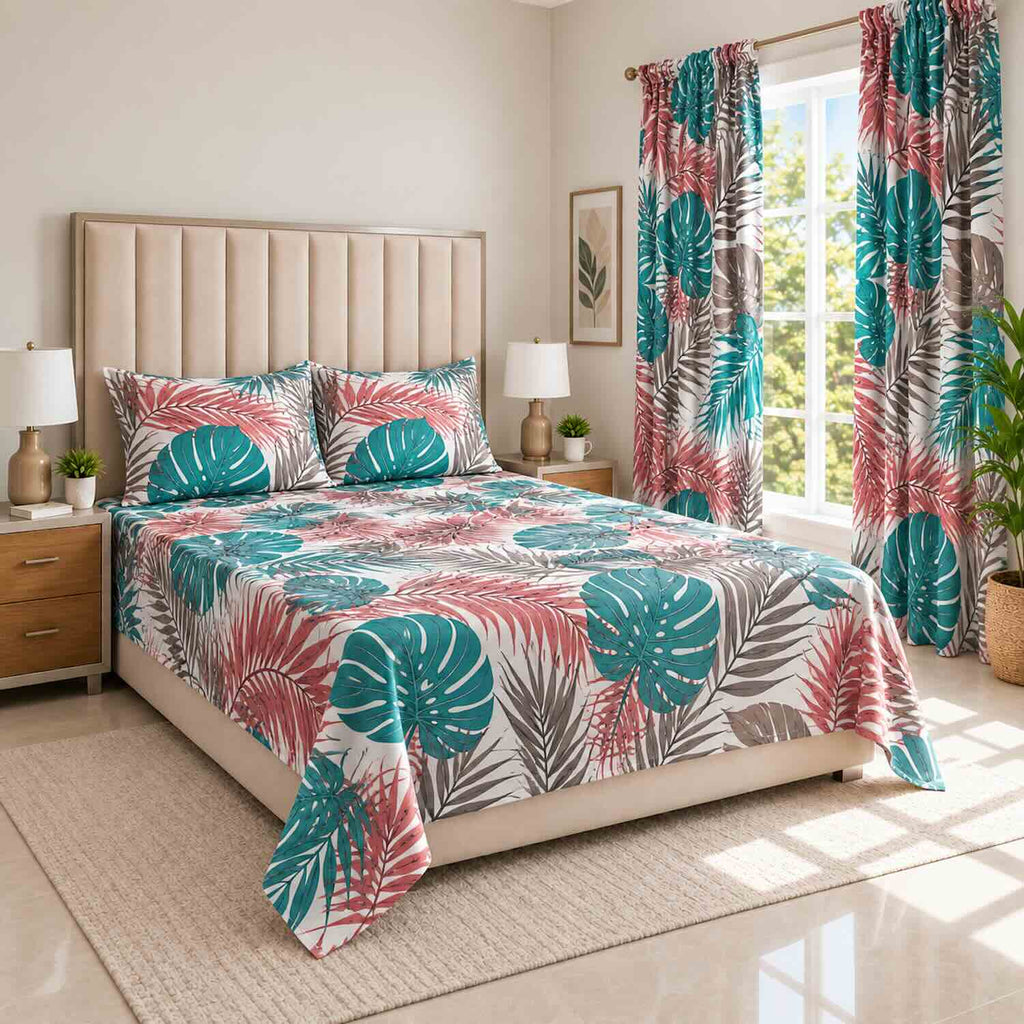 Combo Cortinas + Juego de Sábanas Cama Doble 140x190cm