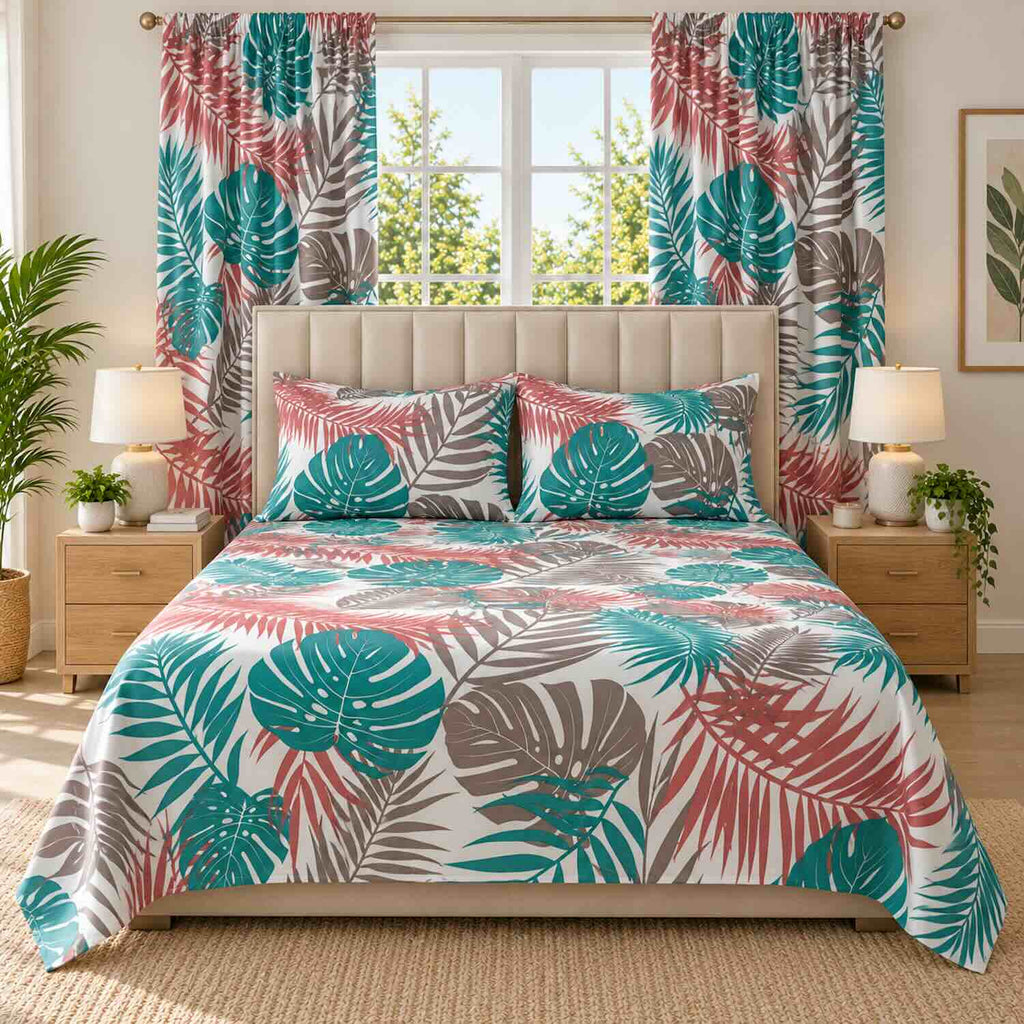 Combo Cortinas + Juego de Sábanas Cama Doble 140x190cm