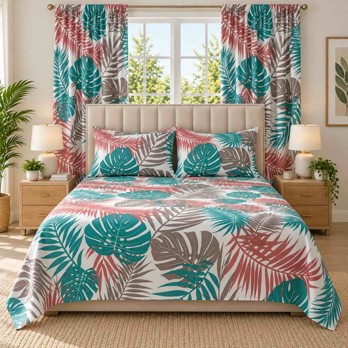 Combo Cortinas + Juego de Sábanas Cama Doble 140x190cm
