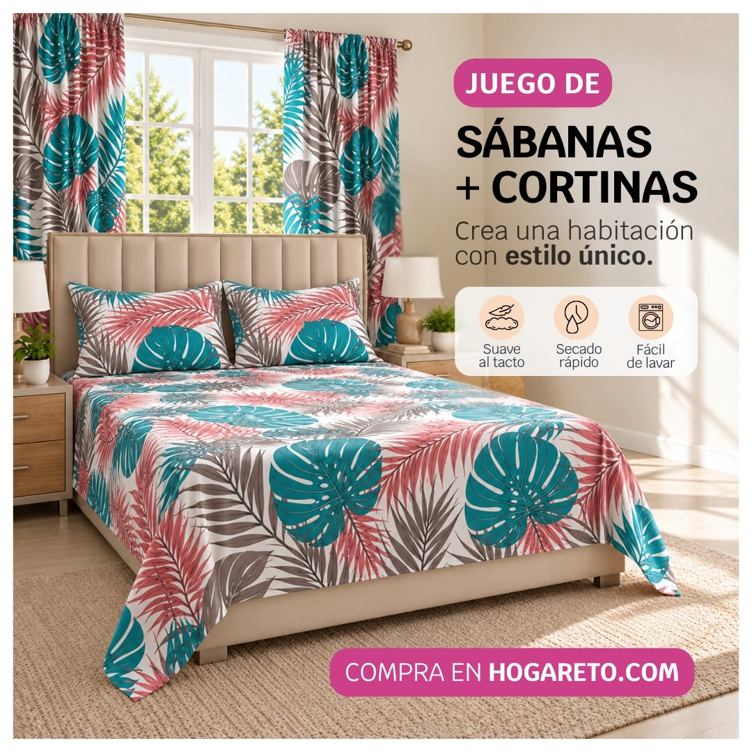 Combo Cortinas + Juego de Sábanas Cama Doble 140x190cm Caribe