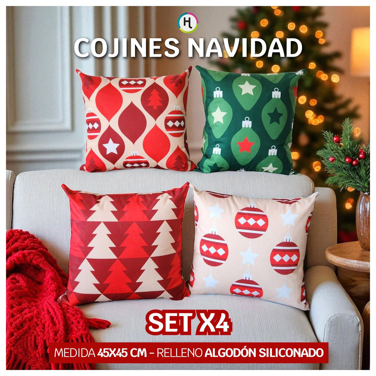Set x 4 Cojines de Navidad 45x45 cm - Incluye Relleno 🎄