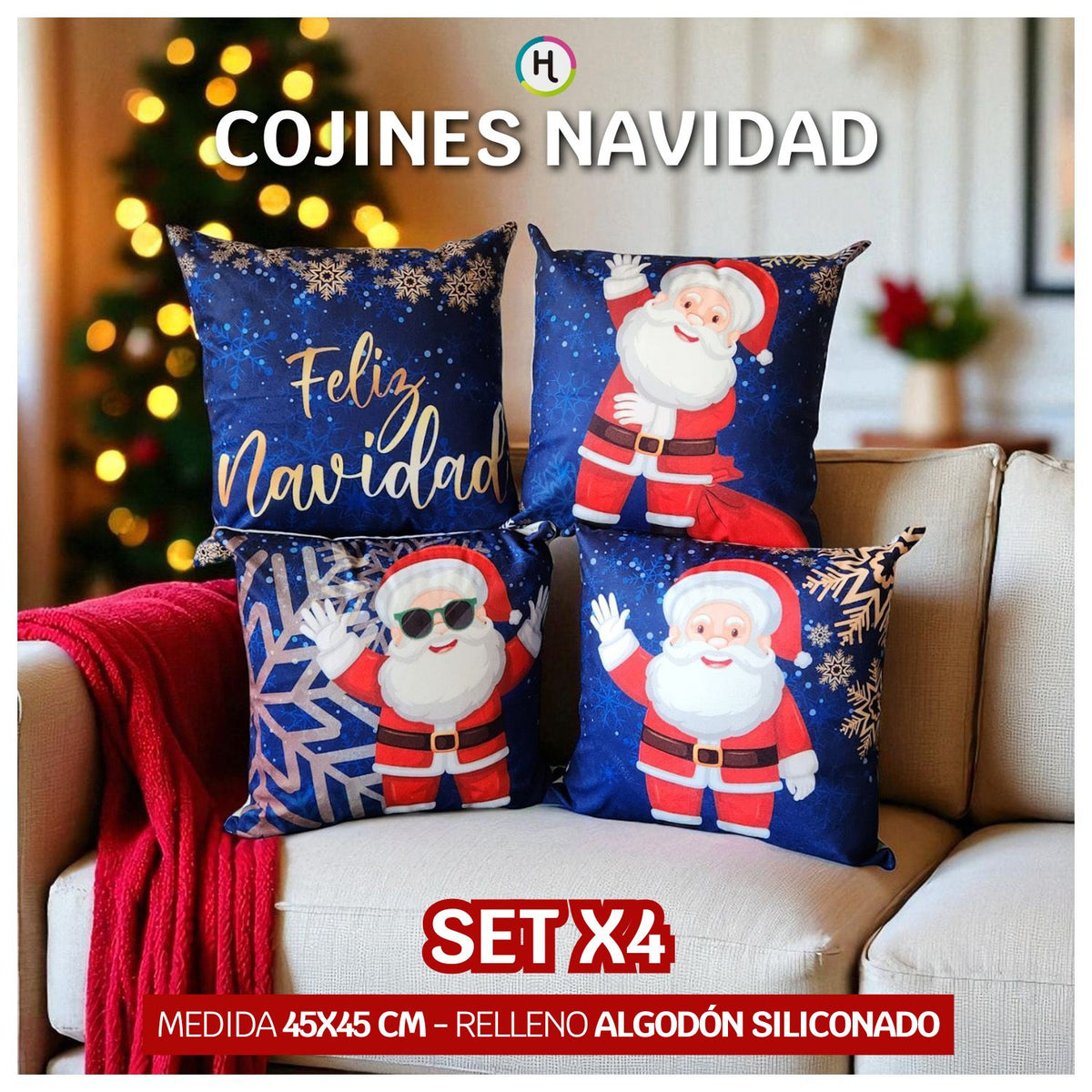 Set x 4 Cojines de Navidad 45x45 cm - Incluye Relleno 🎄