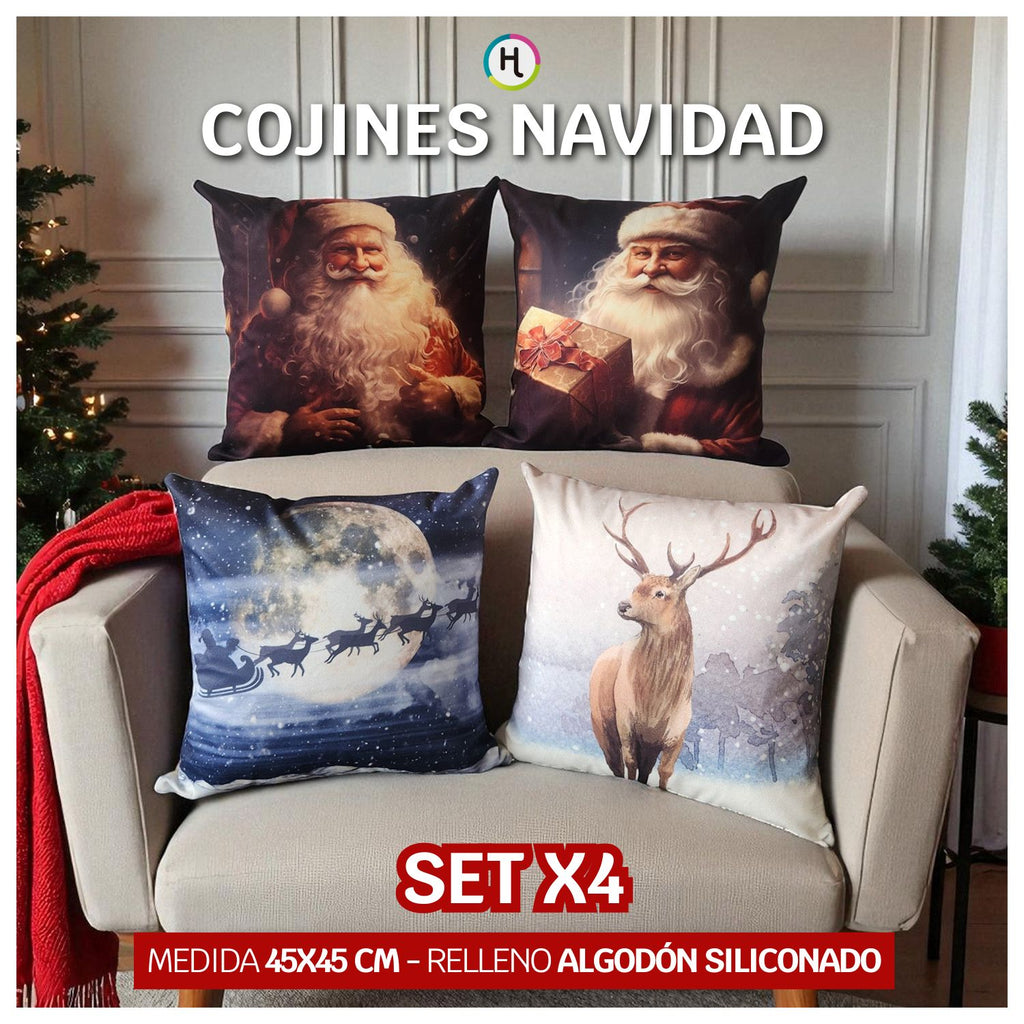 Set x 4 Cojines de Navidad 45x45 cm - Incluye Relleno 🎄
