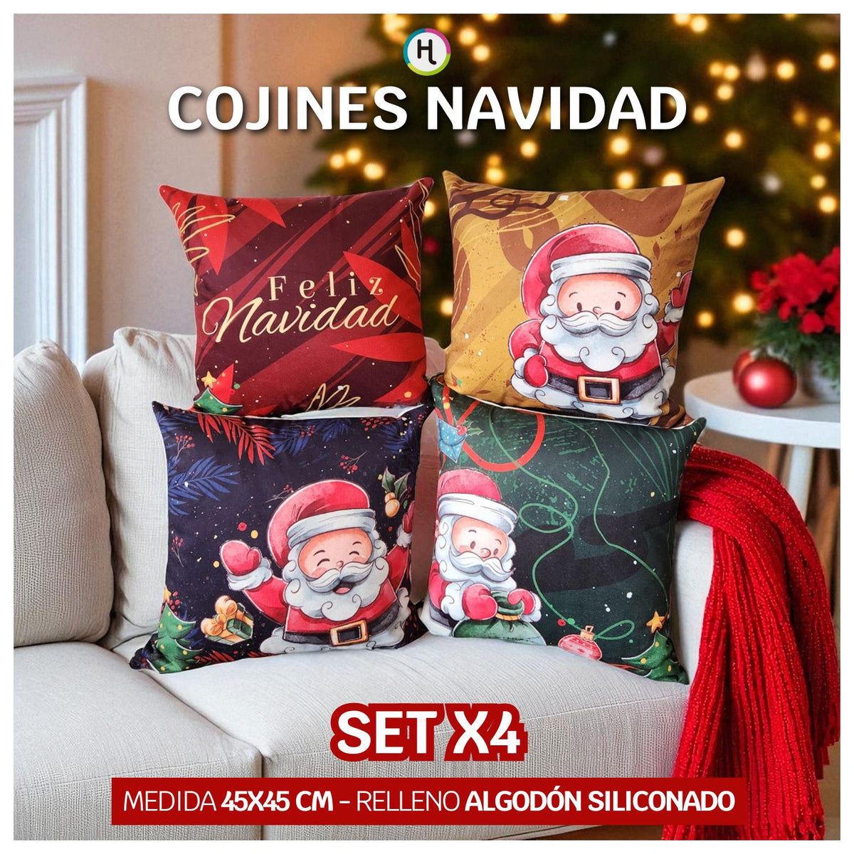Set x 4 Cojines de Navidad 45x45 cm - Incluye Relleno 🎄
