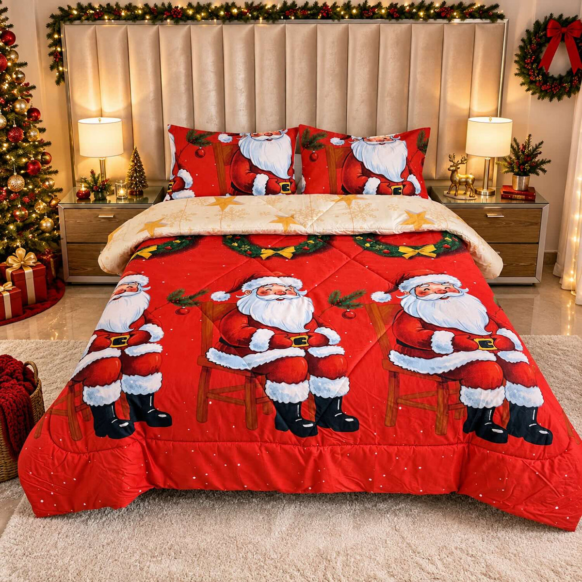 Edredón Doble Faz Navidad Cama Doble 140x190cm 🎄 Noel Rojo y Árbol Dorado