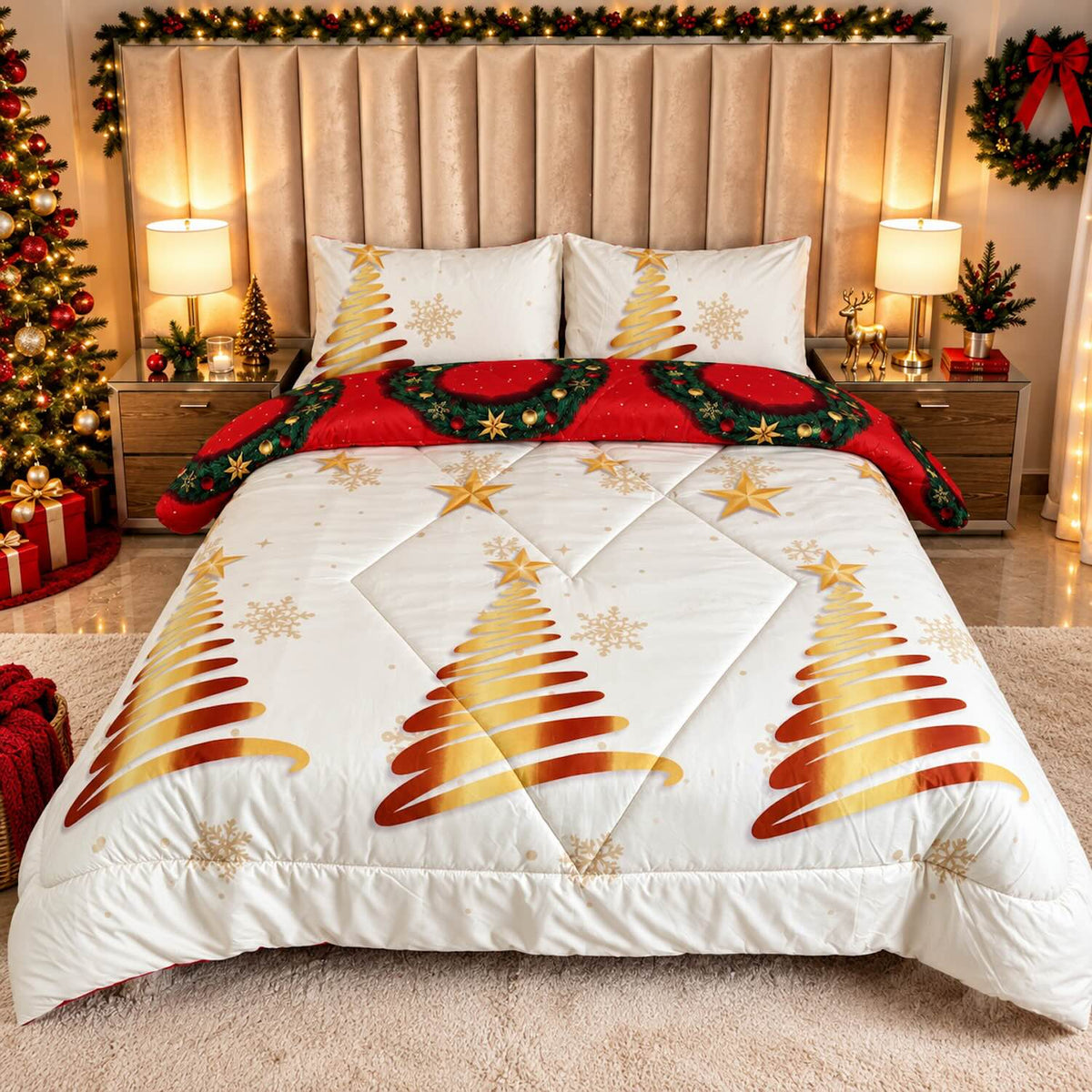 Edredón Doble Faz Navidad Cama Doble 140x190cm 🎄 Noel Rojo y Árbol Dorado