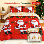 Edredón Doble Faz Navidad Cama Doble 140x190cm 🎄 Noel Rojo y Árbol Dorado