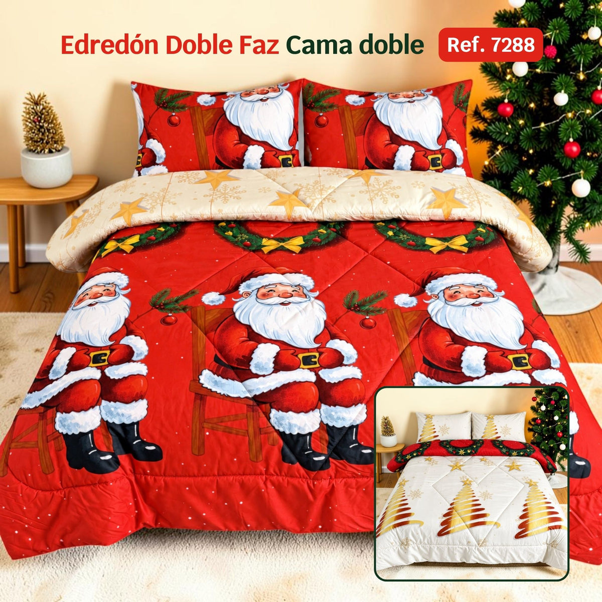 Edredón Doble Faz Navidad Cama Doble 140x190cm 🎄 Noel Rojo y Árbol Dorado
