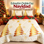 Edredón Doble Faz Navidad Cama Doble 140x190cm 🎄 Noel Rojo y Árbol Dorado