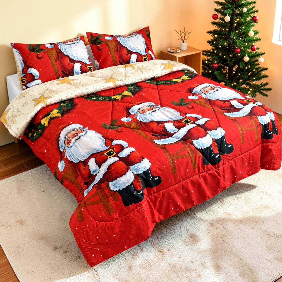 Edredón Doble Faz Navidad Cama Doble 140x190cm 🎄 Noel Rojo y Árbol Dorado