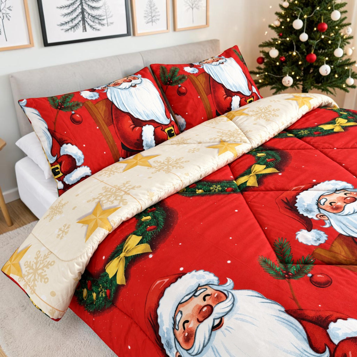 Edredón Doble Faz Navidad Cama Doble 140x190cm 🎄 Noel Rojo y Árbol Dorado