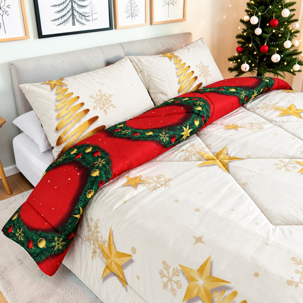 Edredón Doble Faz Navidad Cama Doble 140x190cm 🎄 Noel Rojo y Árbol Dorado