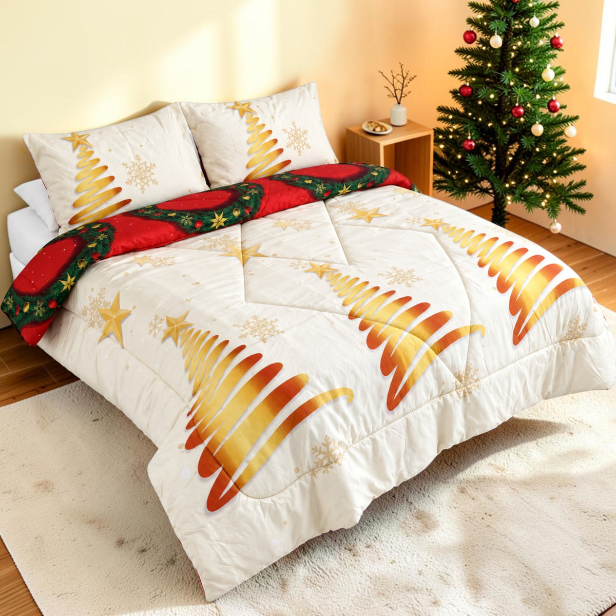 Edredón Doble Faz Navidad Cama Doble 140x190cm 🎄 Noel Rojo y Árbol Dorado
