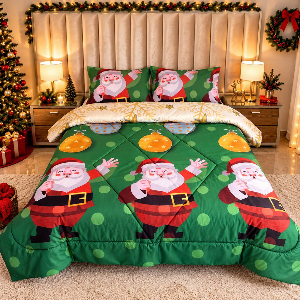 Edredón Doble Faz Navidad Cama Doble 140x190cm 🎄Árbol y Noel Verde