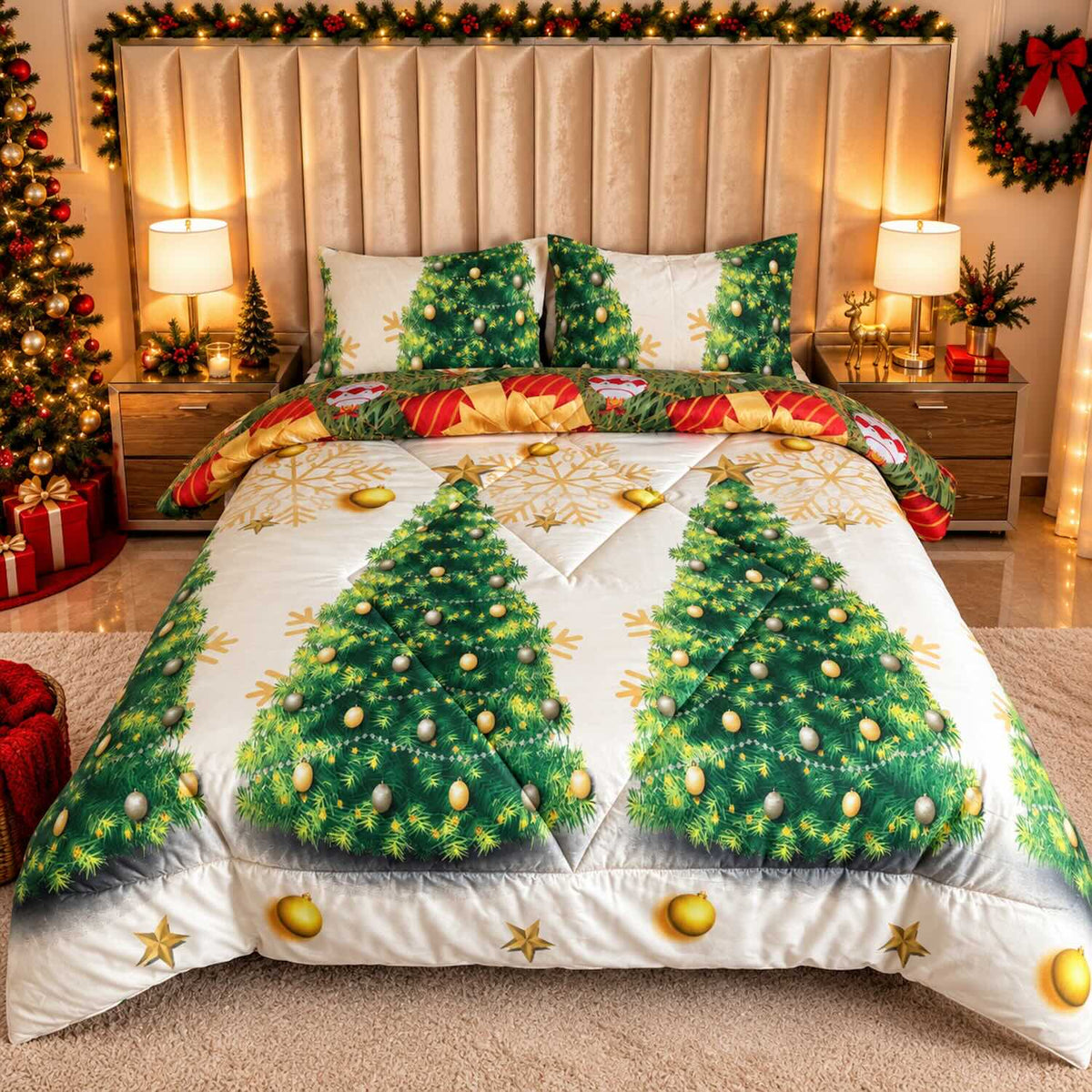 Edredón Doble Faz Navidad Cama Doble 140x190cm 🎄Árbol y Noel Verde