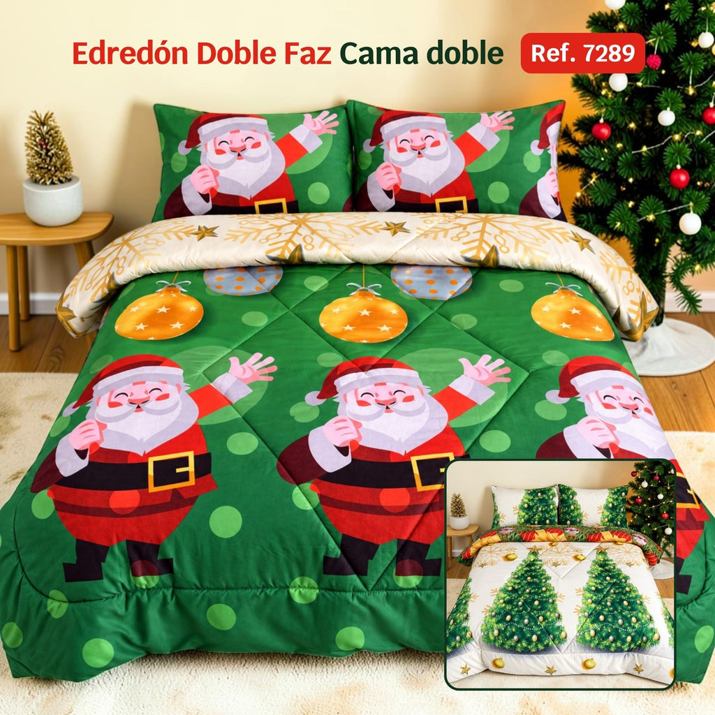 Edredón Doble Faz Navidad Cama Doble 140x190cm 🎄Árbol y Noel Verde