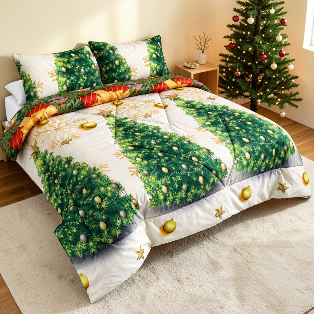 Edredón Doble Faz Navidad Cama Doble 140x190cm 🎄Árbol y Noel Verde