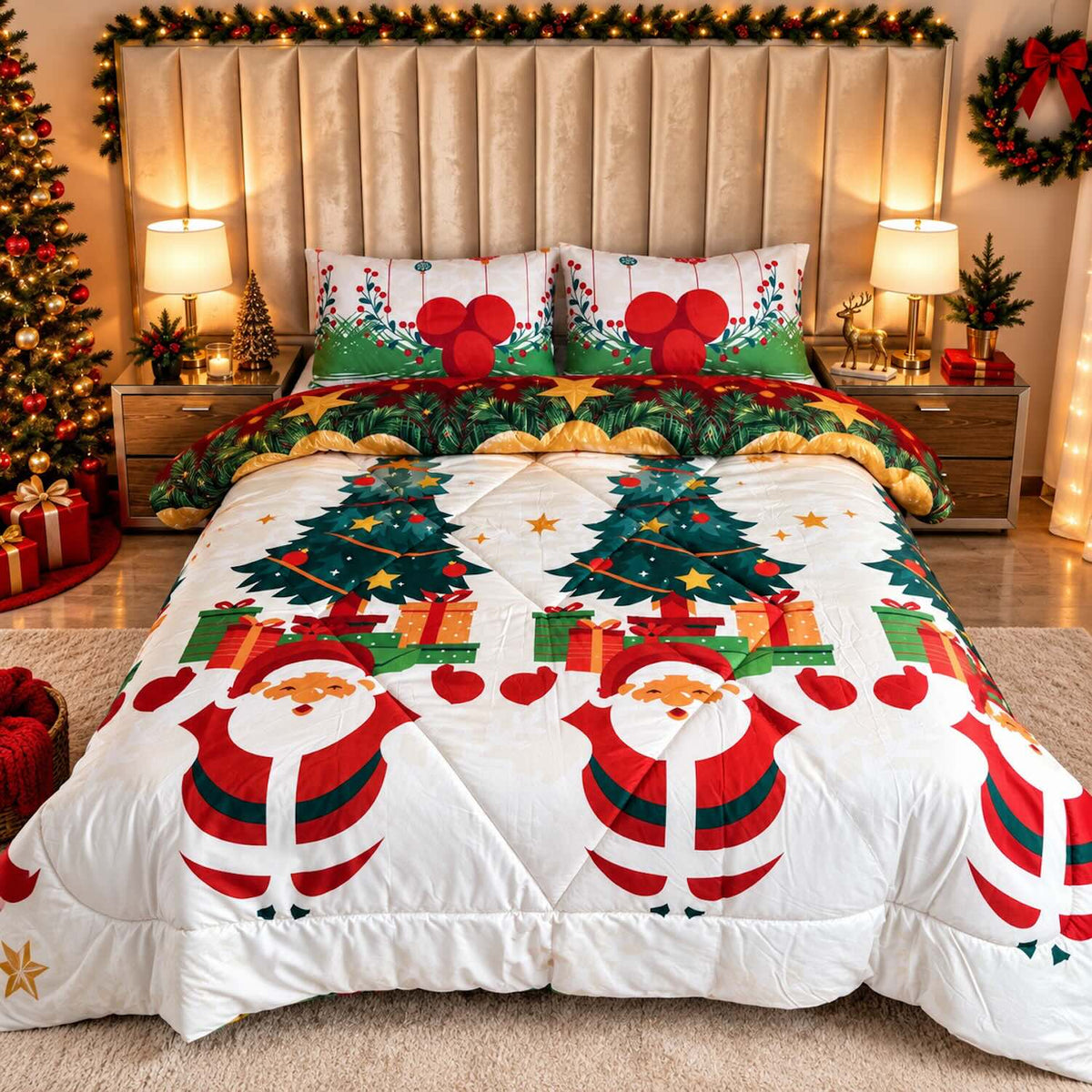Edredón Doble Faz Navidad Cama Doble 140x190cm 🎄 Noel Rojo y Blanco