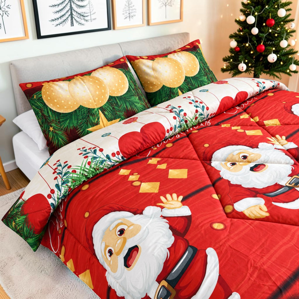 Edredón Doble Faz Navidad Cama Doble 140x190cm 🎄 Noel Rojo y Blanco
