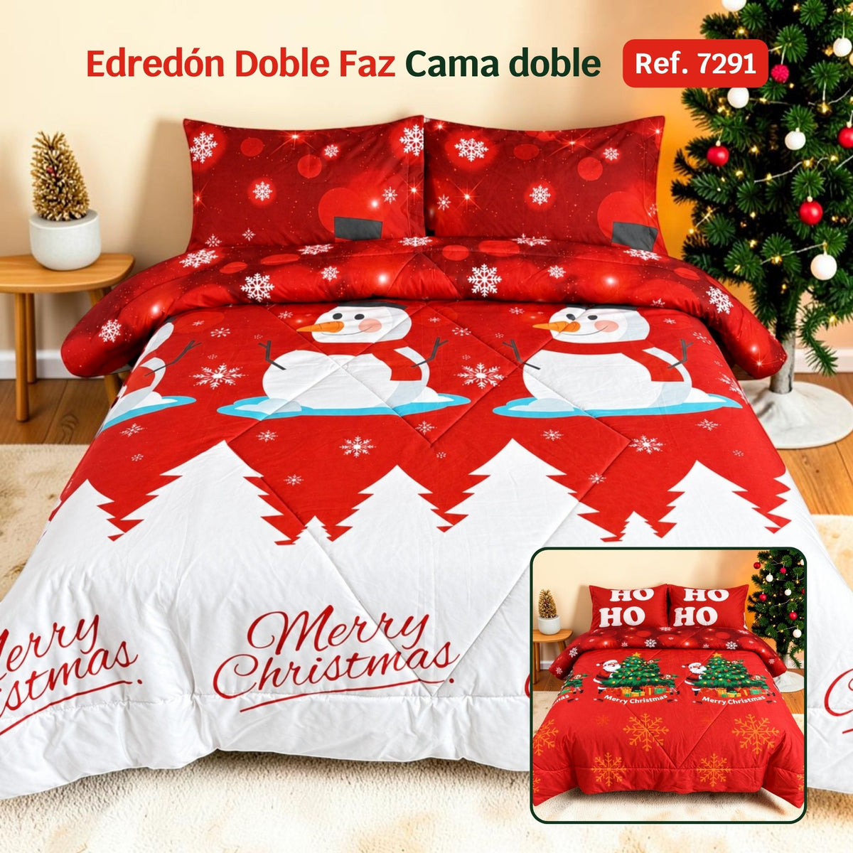 Edredón Doble Faz Navidad Cama Doble 140x190cm 🎄 Muñeco de Nieve