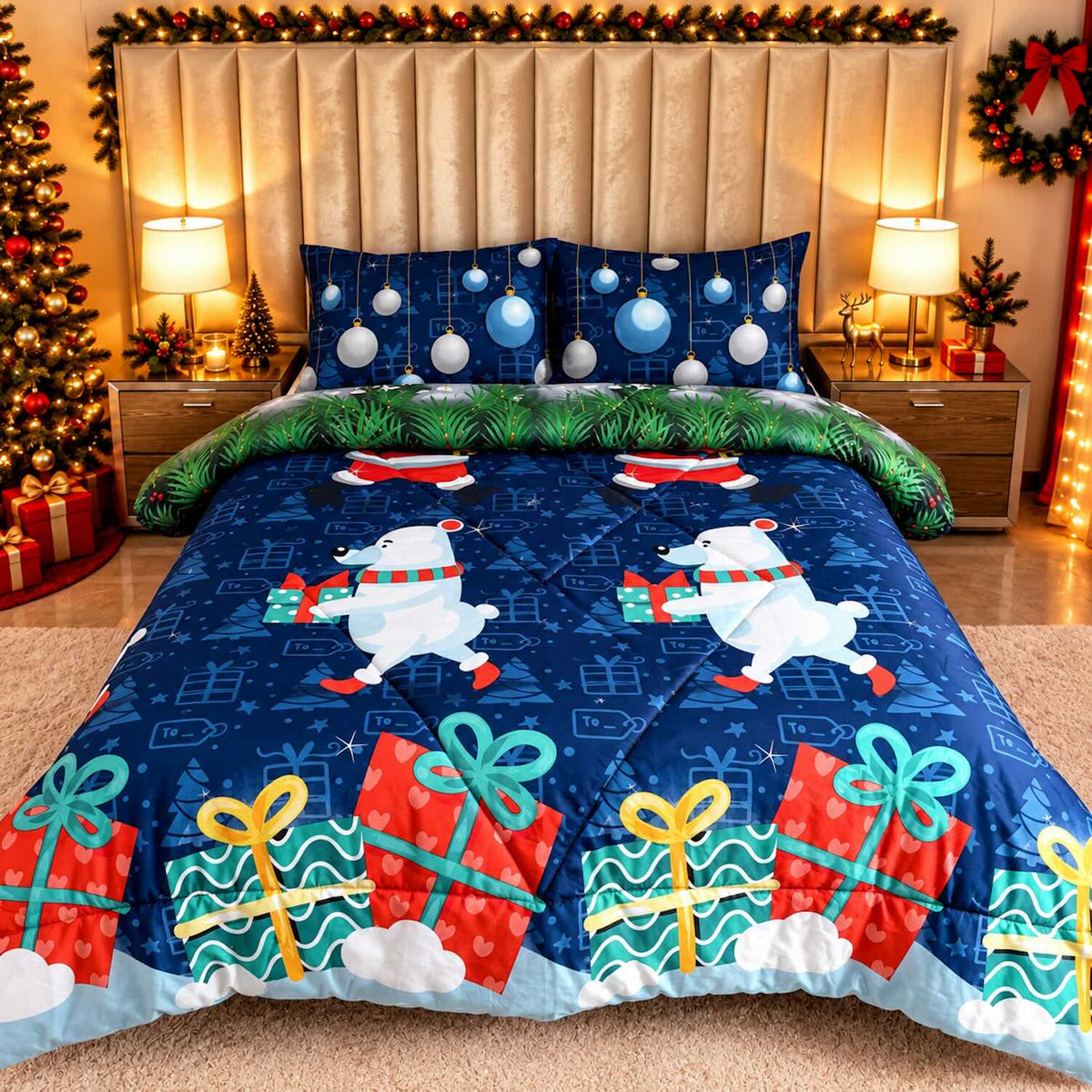 Edredón Doble Faz Navidad Cama Doble 140x190cm 🎄 Polar Azul