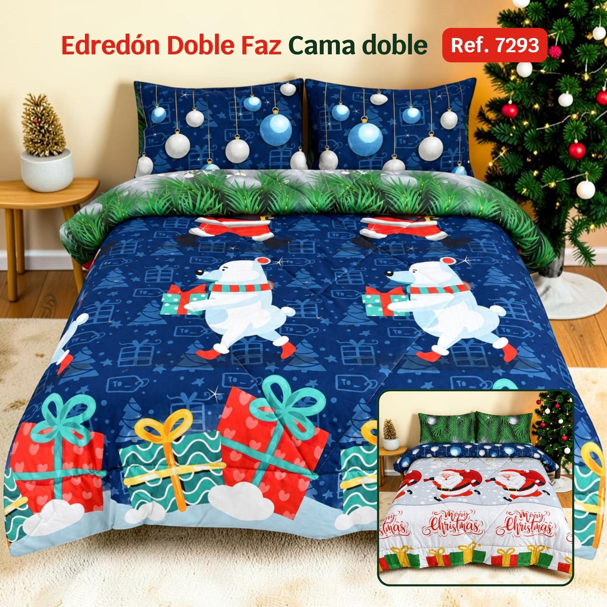 Edredón Doble Faz Navidad Cama Doble 140x190cm 🎄 Polar Azul