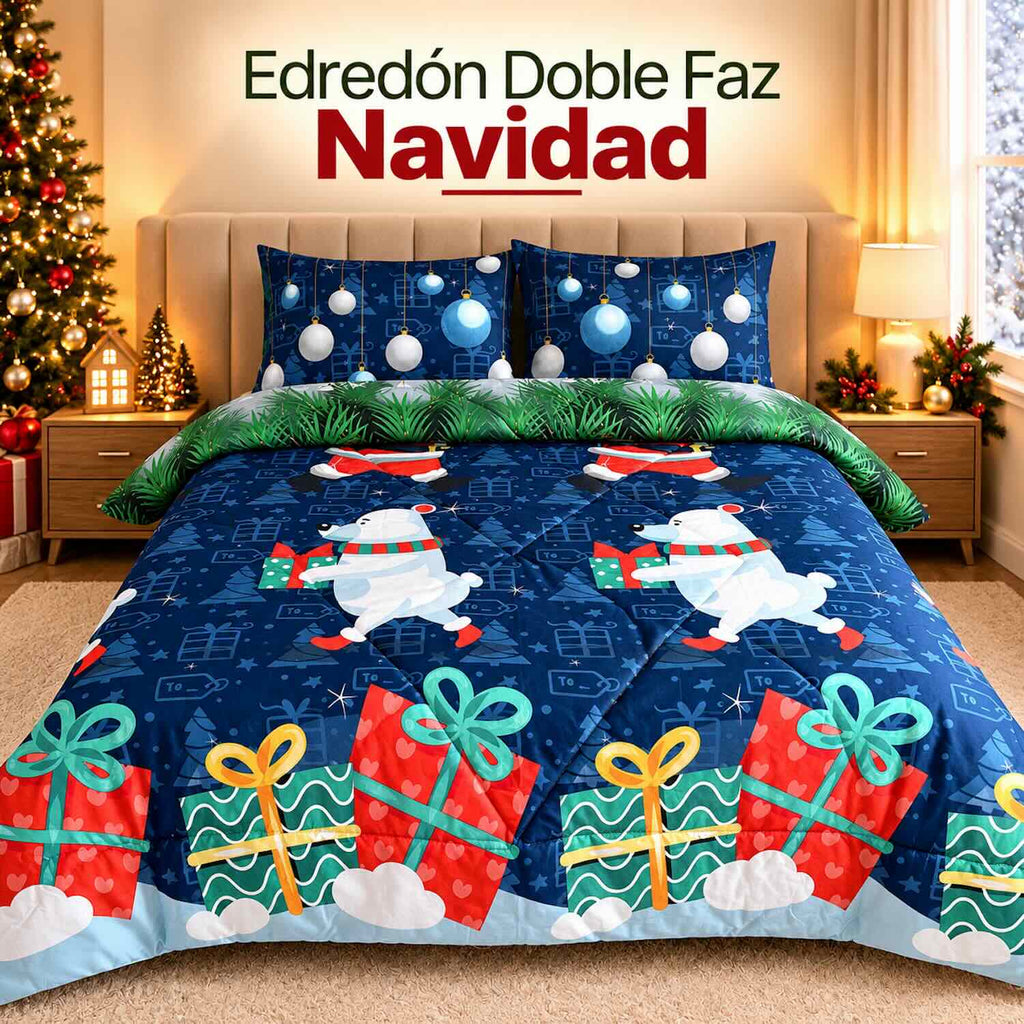 Edredón Doble Faz Navidad Cama Doble 140x190cm 🎄 Polar Azul