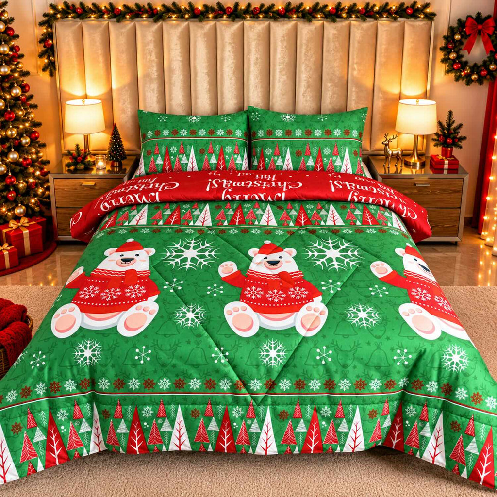 Edredón Doble Faz Navidad Cama Doble 140x190cm 🎄 Oso Polar Verde