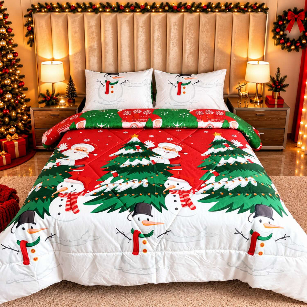 Edredón Doble Faz Navidad Cama Doble 140x190cm 🎄 Oso Polar Verde