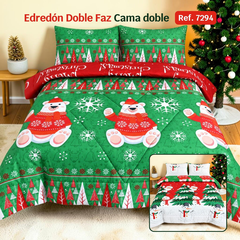 Edredón Doble Faz Navidad Cama Doble 140x190cm 🎄 Oso Polar Verde