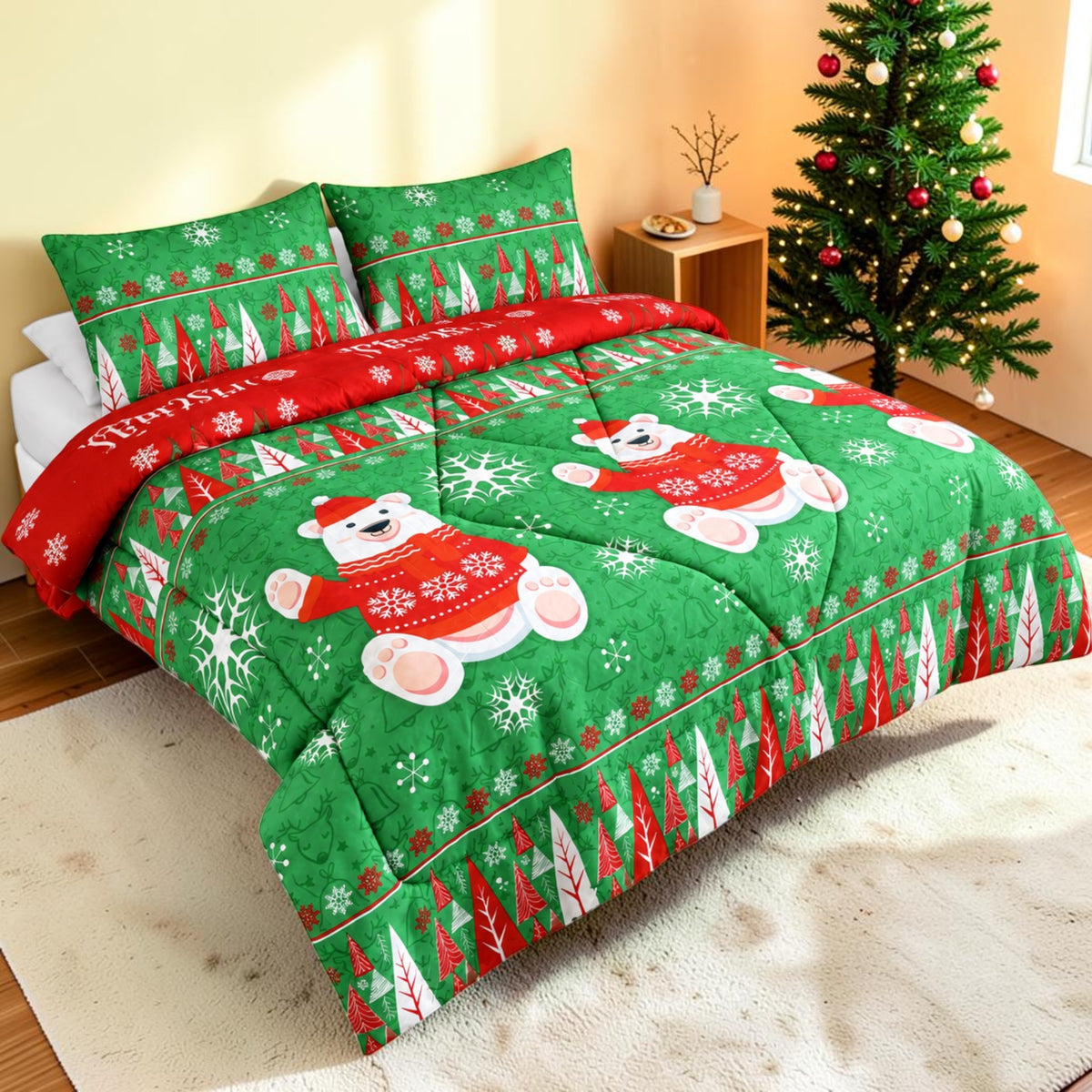 Edredón Doble Faz Navidad Cama Doble 140x190cm 🎄 Oso Polar Verde