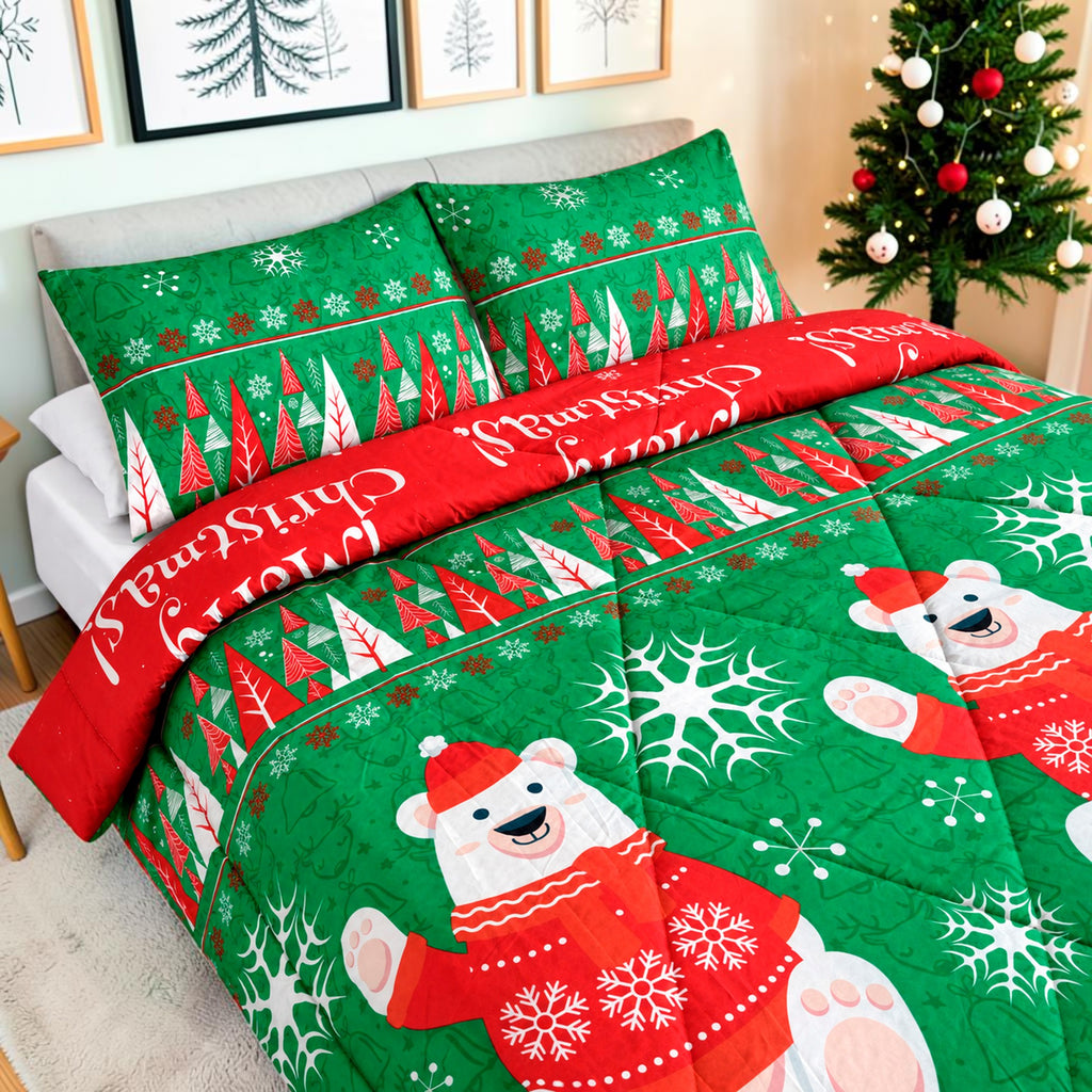 Edredón Doble Faz Navidad Cama Doble 140x190cm 🎄 Oso Polar Verde
