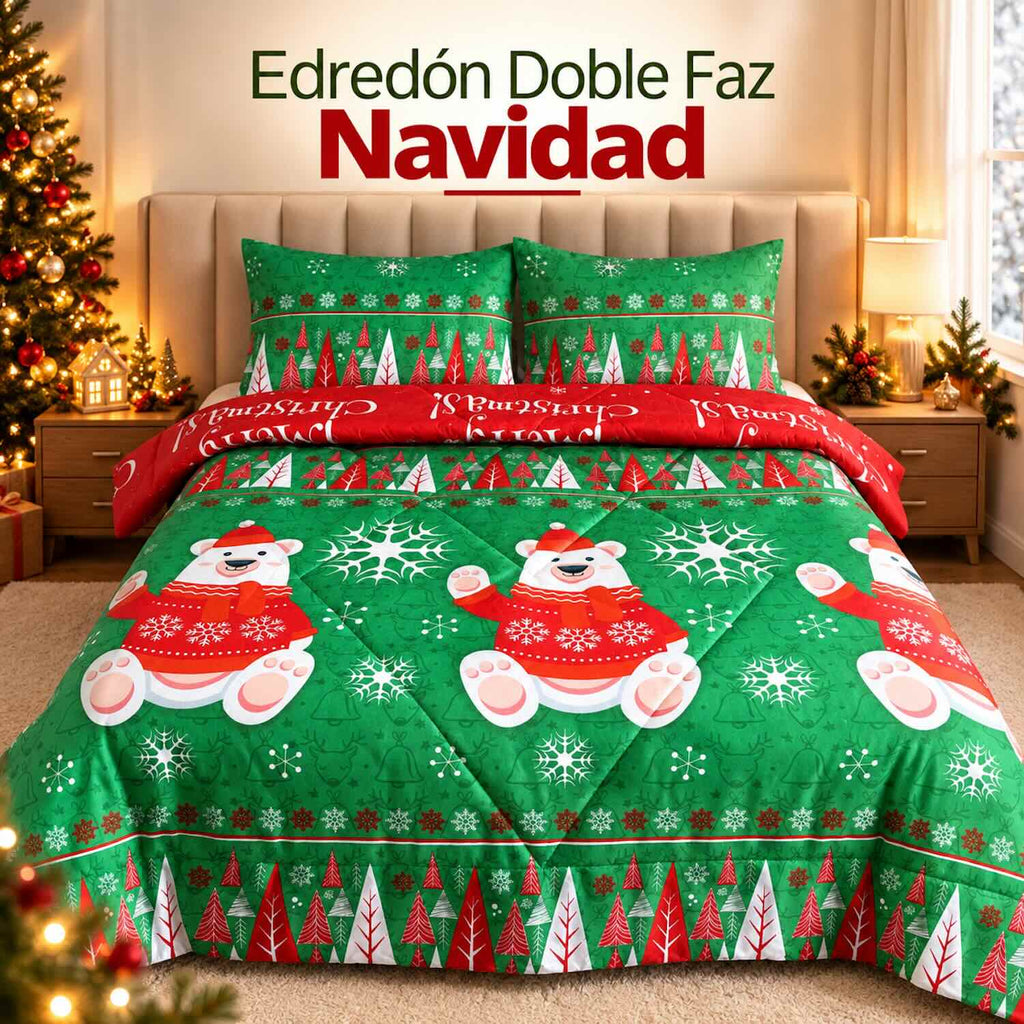 Edredón Doble Faz Navidad Cama Doble 140x190cm 🎄 Oso Polar Verde