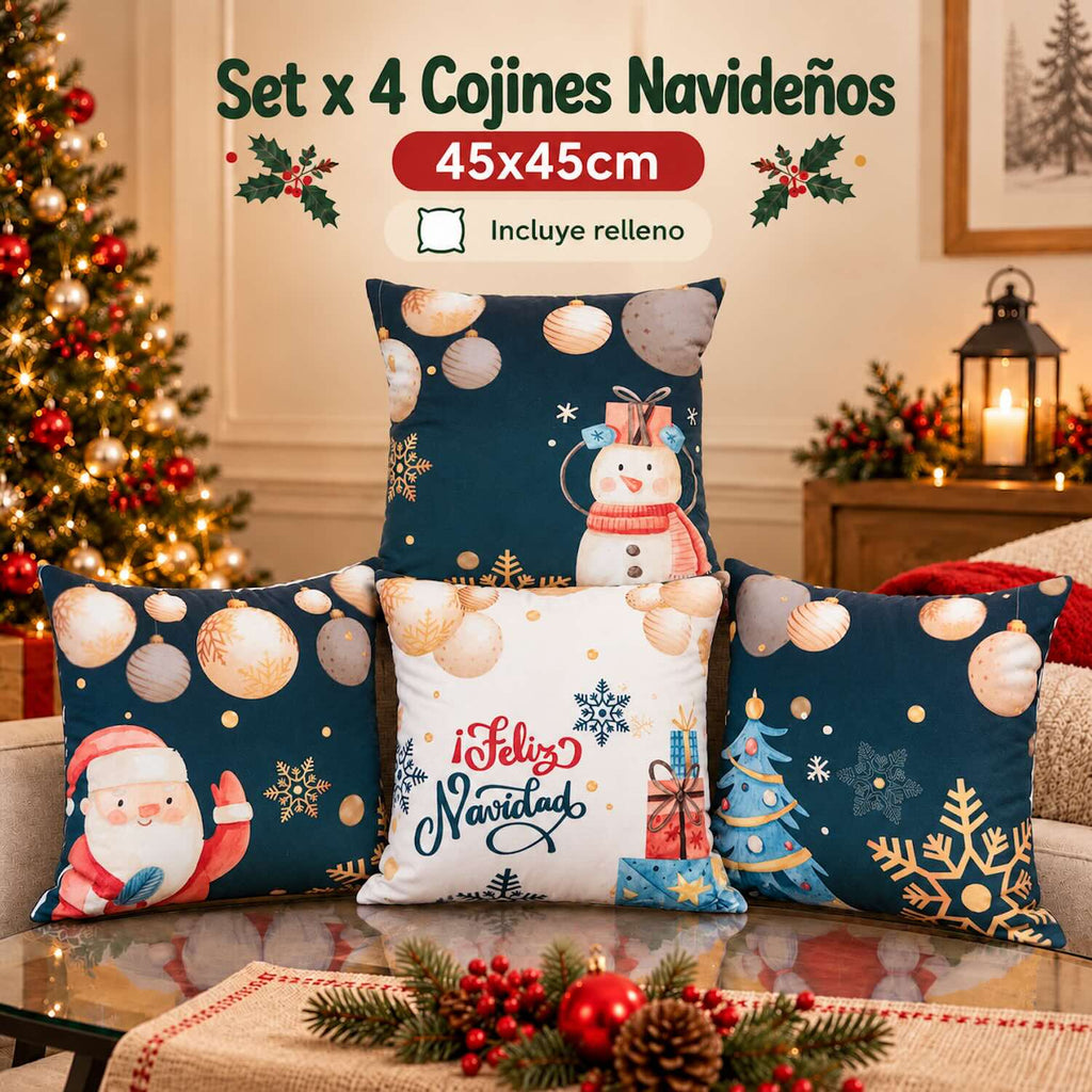 Set x 4 Cojines Navideños 45x45 cm - Incluye Relleno y Funda Con Cierre 🎄