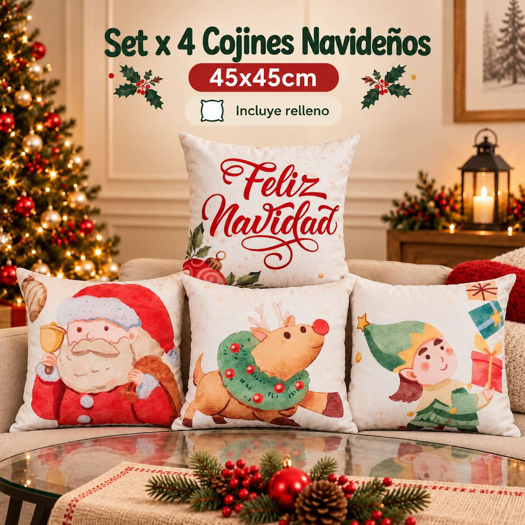 Set x 4 Cojines Navideños 45x45 cm - Incluye Relleno y Funda Con Cierre 🎄