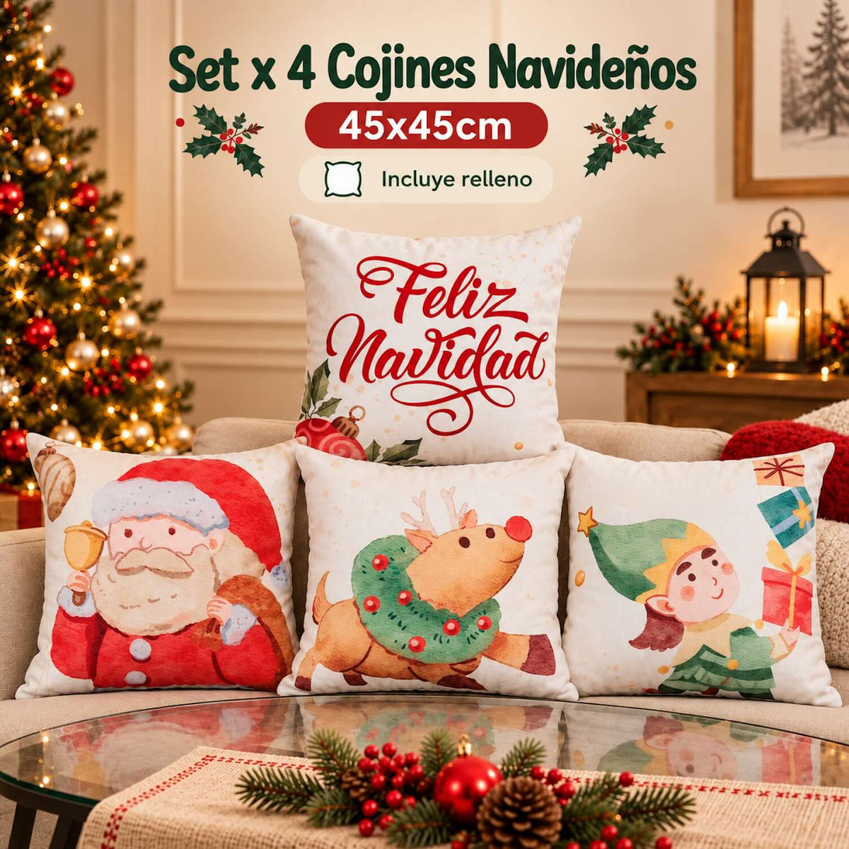 Set x 4 Cojines Navideños 45x45 cm - Incluye Relleno y Funda Con Cierre 🎄