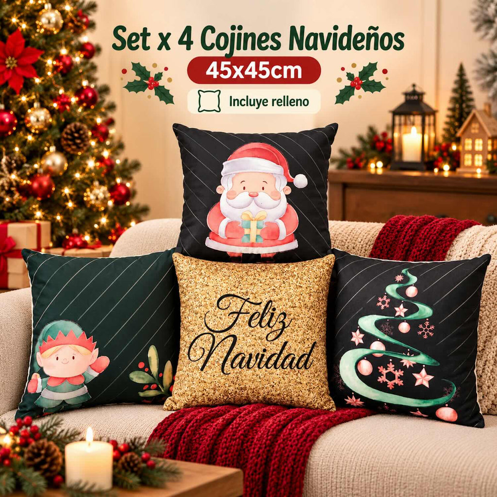 Set x 4 Cojines Navideños 45x45 cm - Incluye Relleno y Funda Con Cierre 🎄