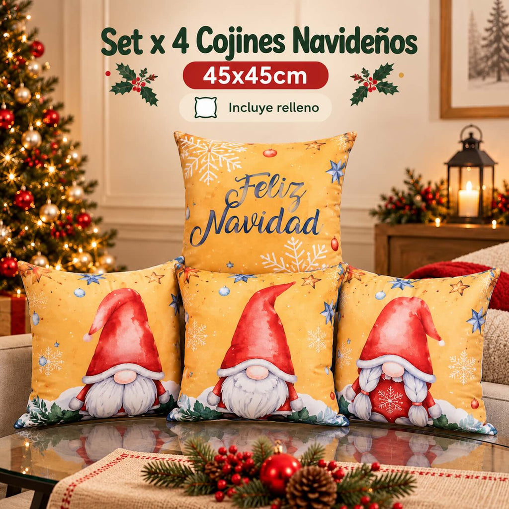 Set x 4 Cojines Navideños 45x45 cm - Incluye Relleno y Funda Con Cierre 🎄