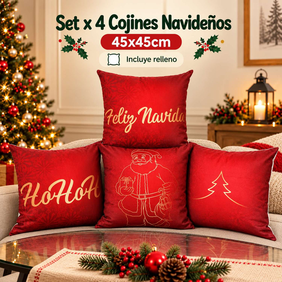 Set x 4 Cojines Navideños 45x45 cm - Incluye Relleno y Funda Con Cierre 🎄