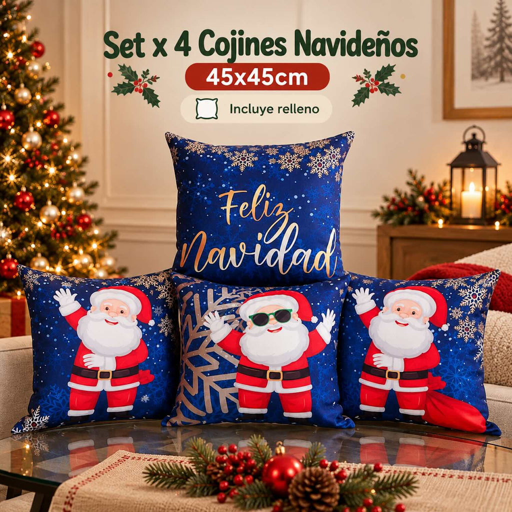Set x 4 Cojines Navideños 45x45 cm - Incluye Relleno y Funda Con Cierre 🎄